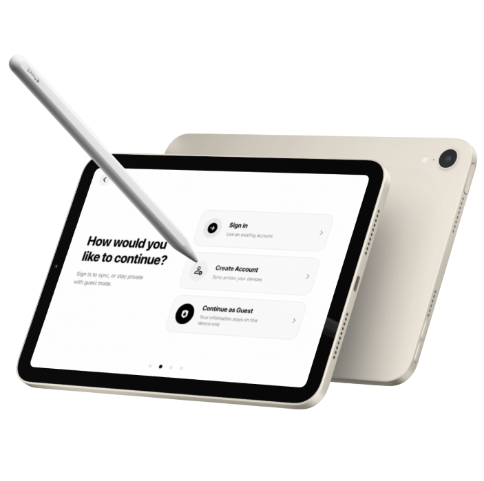 MastCell Tracker on iPad showing sign in, create account, and continue as guest options